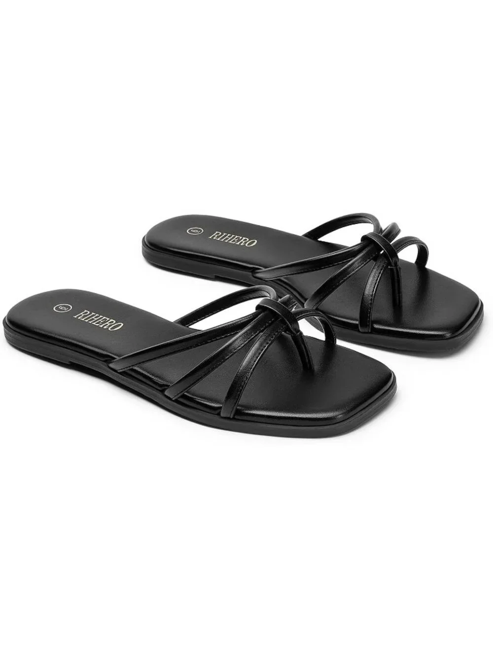 Women's Black Summer Comfortable Slip On Square Toe Flat Sandals For Beach